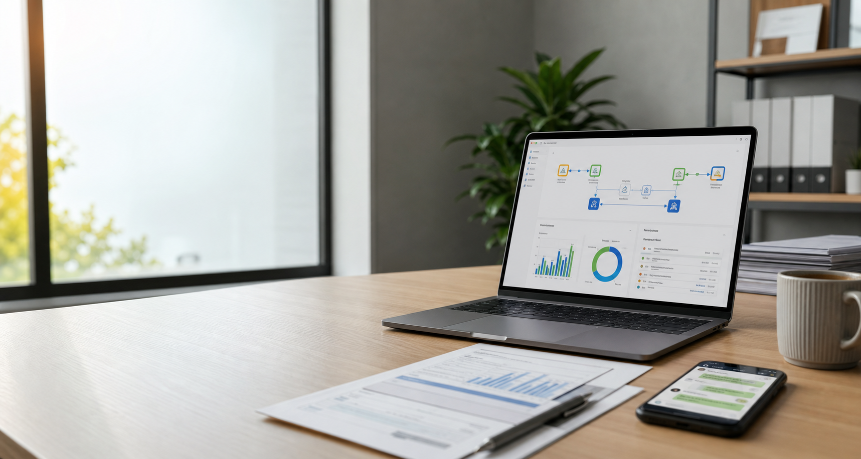 Business desk with workflow automation dashboard, documents, and customer messages
